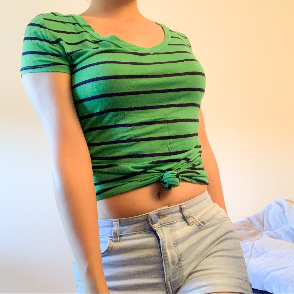 Green Striped V-Neck
